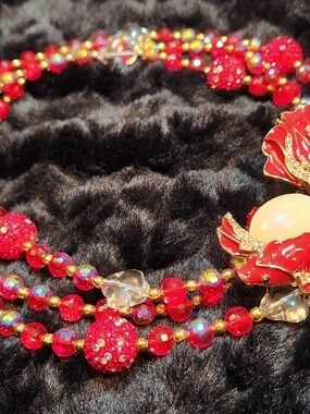 Red and Gold Beaded Crossbody Chain with Fish Accent